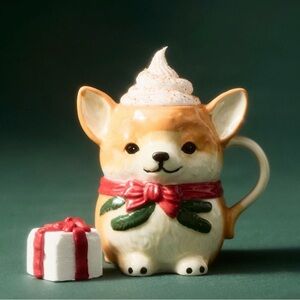 Anthropologie Peluche Pet Stoneware Mug Corgi Dog Bow Puppy 11 oz New